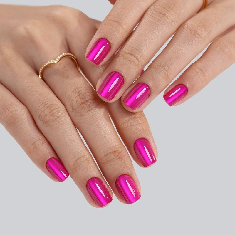 Hot Pink Press on Nails Short - SHANGMENG Soft Gel Cat Eye Press on Nails Square for Women, Naturally & Full Cover Reusable Glue on Nails in 16 Sizes - 32 Fake Nails Kit with Glue, Hot Pink