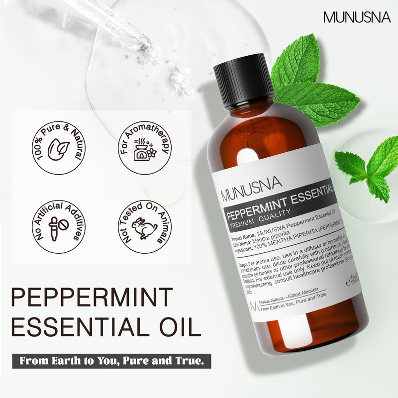 MUNUSNA Peppermint Essential Oil, 100% Pure & Natural Peppermint Oil 100ML, Premium Grade Aromatherapy Oil for Skin Body Hair Care, Freshening Air, Mood, Diffuser, Massage, Soap and Candle Making