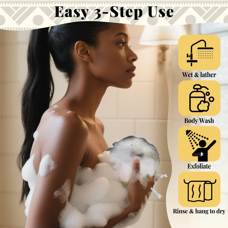 African Net Sponge Authentic-4 Packs African Exfoliating Net Sponge,Bath Sponges for Shower,42 inch Long for Normal to Sensitive Skin, for Daily use, Body Exfoliator Shower(Linen&Brown&Black&Grey)