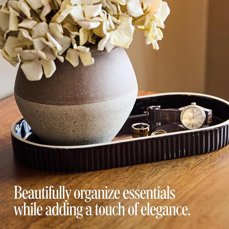 Preston Lane Signature Ceramic Tray – Handmade in Portugal with Fluted Edges & Hand-Painted Trim – Decorative Organizer or Home Accent, Large, Ink 12.3 x 6 x 1.3