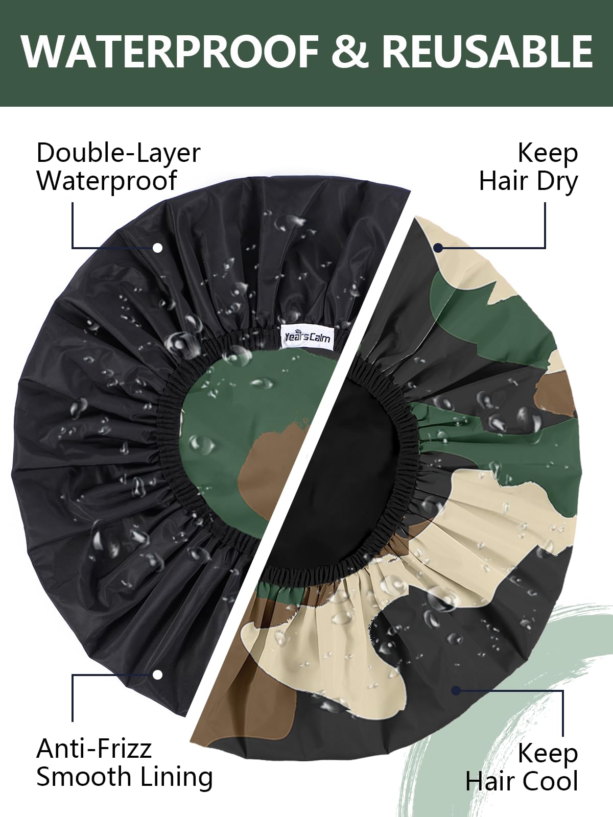Years calm Shower Cap for Men, Waterproof Reusable Hair Cap with Dual-Layer Design, Reversible Double-Sided Use, Stretchable Elastic Band, Comfortable Fit for Shower, Gym, Hair Care & Travel