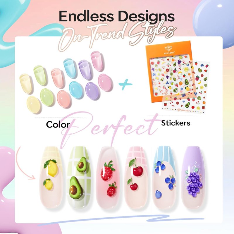 modelones Pastel Gel Nail Polish Set, Hema Free 2026 Spring Summer Macaron Gel Polish Set Light Pink Pastel Yellow Purple Baby Blue Green 6 Colors Nails with Fruit Theme Stickers LED Mani Gift