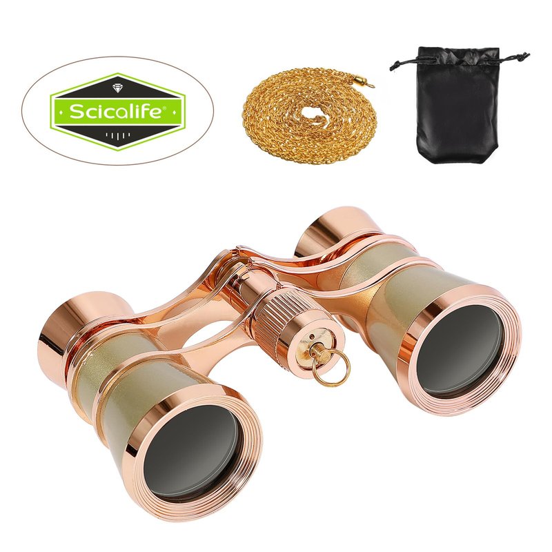 Scicalife Gold 3x25 Compact Binoculars for Adults – Pocket-Size Theater Glasses with Chain for Opera & Concerts, Foldable Travel Telescope for Bird Watching & Camping