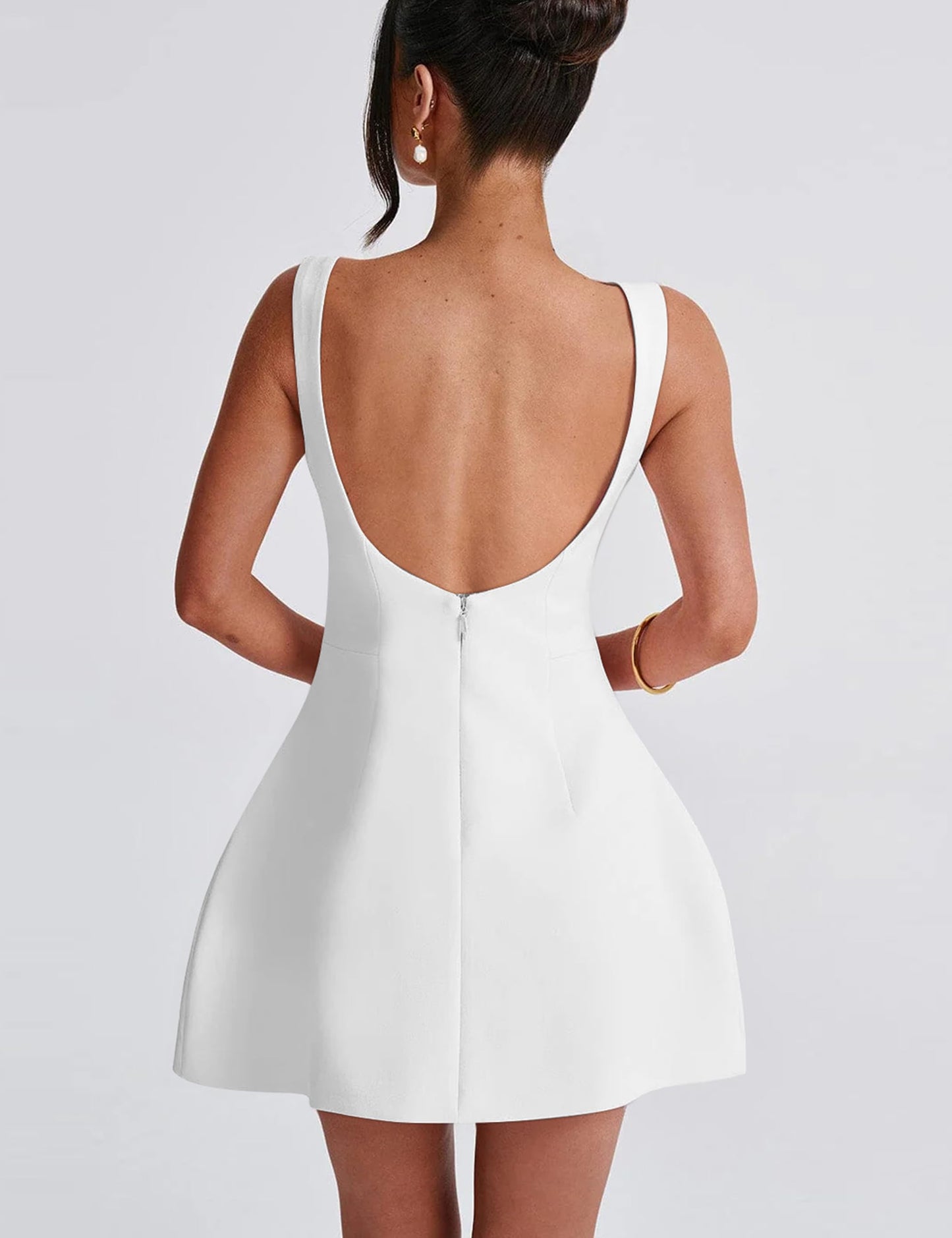 YMDUCH Women's Sexy Sleeveless Crew Neck Backless A-line Party Short Mini Dress White