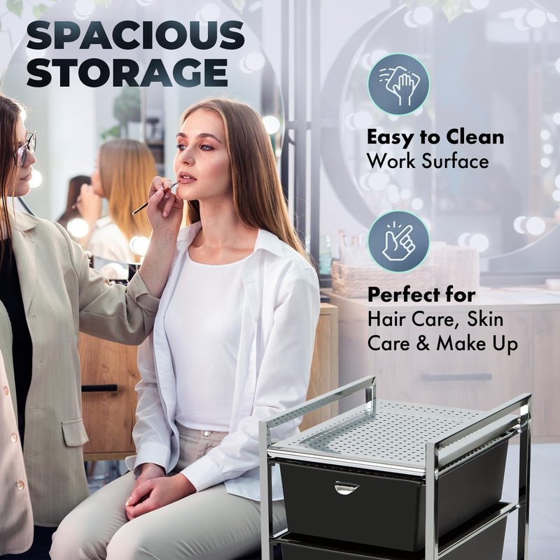 Pibbs D23 Metal Salon Roller Cart - Heavy-Duty Utility Pedicure Cart with 3 XL Removable Drawers | European Design