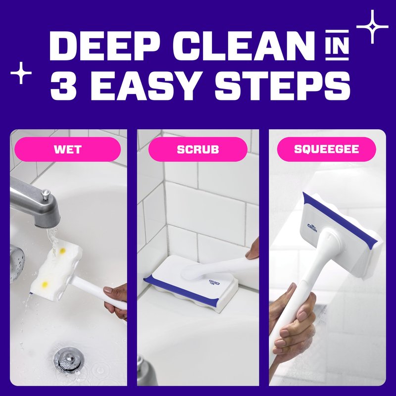 Mr. Clean Magic Eraser Shower & Tub Scrubber, Bathroom Cleaner, All in One Bathroom Cleaner, Lemon Starter Kit, 1 Scrubber & 2 Foaming Magic Erasers