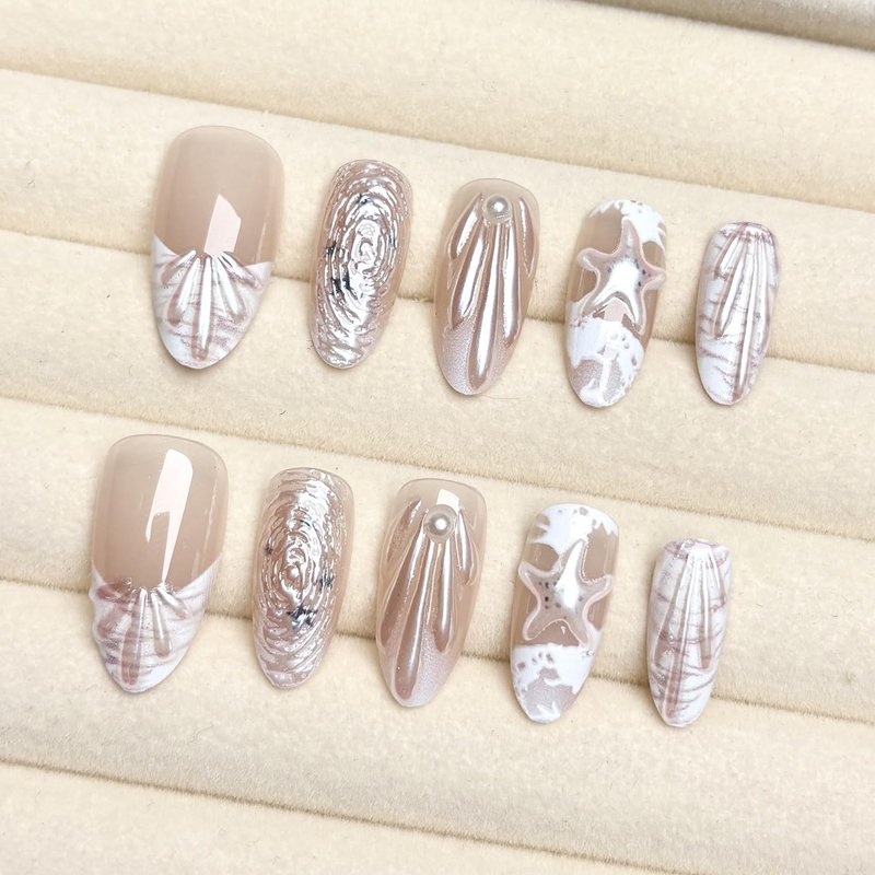30Pcs Summer Beach Press-On Nails - Medium Almond French Tip with 3D Pearl Seashell Designs | Ocean-Inspired Acrylic Nails for Women