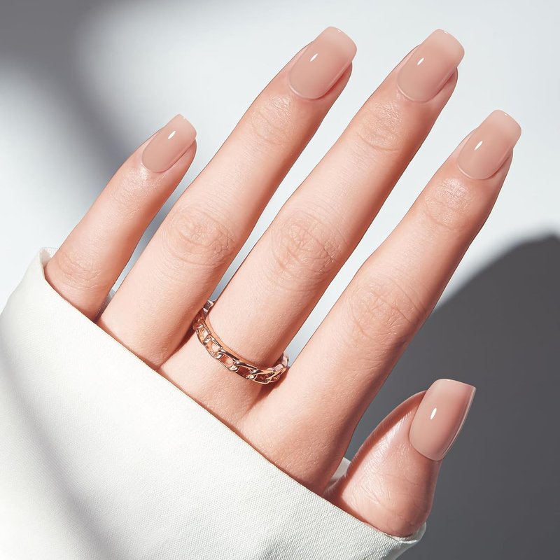 Modelones Nude Press-On Nails - Short Square Jelly Fake Nails | Reusable 32 Pcs Nail Kit with Glue & File