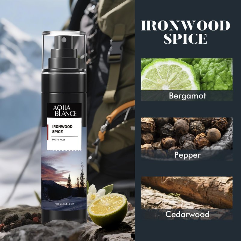 AQUA BLANCE Body Spray for Men, Mens Body Refreshing Spray, Long Lasting, Pack of 3, Each 3.4 Fl Oz, Total 10.2 Fl Oz, Ironwood Spice, Sailor' s Essence, Leather Citrus