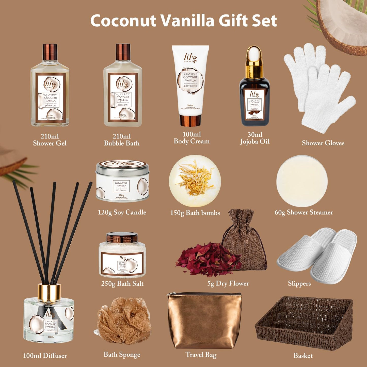 Coconut Vanilla Spa Gift Basket for Women & Men – 17-Piece Relaxing Bath & Body Set with Shower Gel & Reusable Basket, Premium Self-Care Gift for Mom, Birthday, Mother's Day, Father's Day, Christmas
