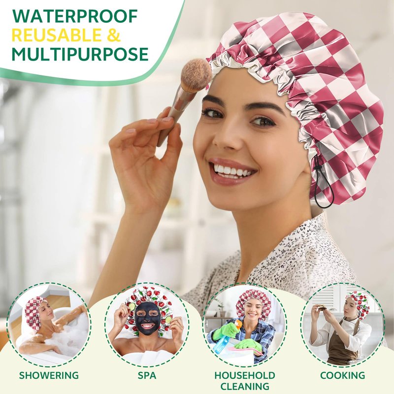 BHAHB 2 PCS Shower Cap Waterproof Double Layer Elastic Adjustable Reusable Hair Bath Caps for Girls Women Cute Aesthetic-Pink White