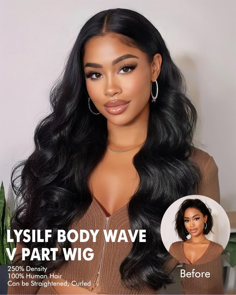 Lysilf V Part Wigs Human Hair 250% Density Body Wave Upgrade U Part Human Hair Wigs with Drawstring No Leave Out No Sew Glueless Clip In Half Wig for Women (Natural Black, 20 Inch)