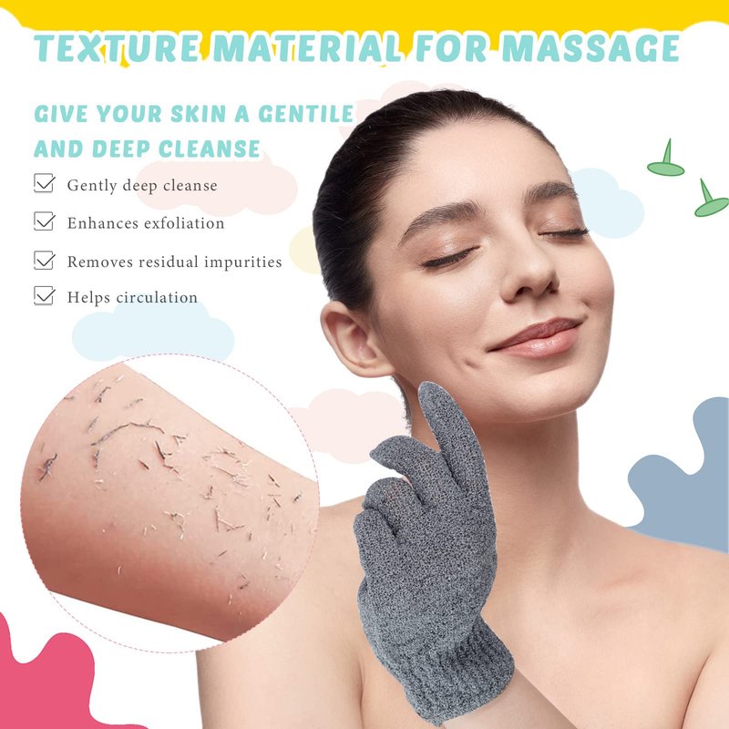 4 Pack Exfoliating Washcloth Back Scrubber Set, 2 Exfoliating Body Scrubber Nylon Back Body Scrub Towel, 2 Pairs Shower Gloves for Women Men Bath Shower Exfoliation(Gray, Beige, White)