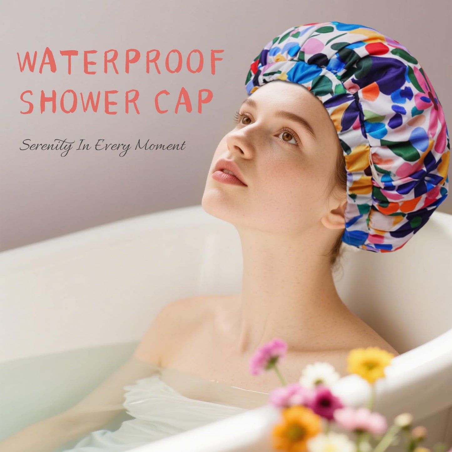 Years Calm Shower Caps for Women Reusable Waterproof, Double-Layer Extra Large Elastic Hair Cap for Shower for Long Hair & Braids, Travel & Home