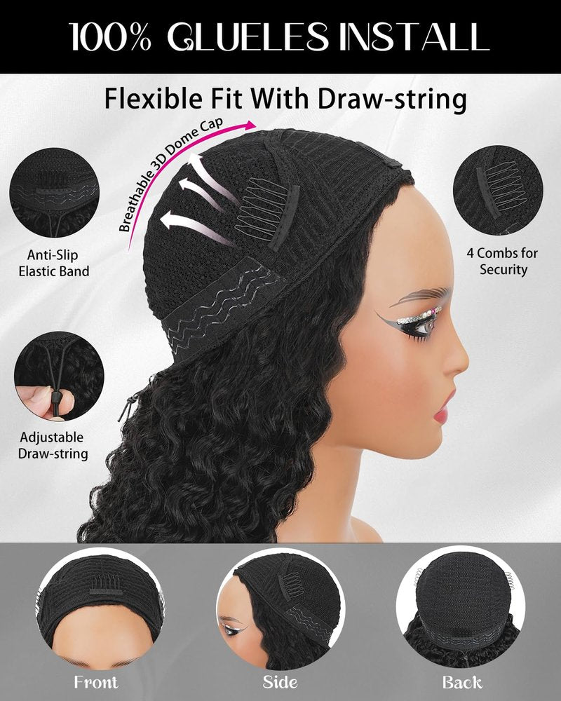 Pobokix Burmese Curly Half Wigs Human Hair Glueless Flip Over Half Wigs Wear Go Drawstring Wigs For Black Women Beginner Friendly No Glue No Sew 180% Density 26inch Natural Black