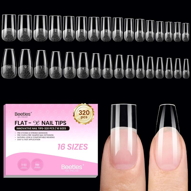 Beetles Gel Nail Tips - Square Coffin Medium 320pcs | Pre-Etched Half Matte Full Cover for Easy DIY Extensions