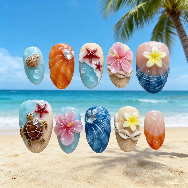 24Pcs 3D Tropical Beach Press on Nails - Summer Ocean Fake Nails with Turtle Starfish Shell Floral Design, Almond Shape Reusable Glue on Nails for Women Vacation Beach Party Nail Art Decorations