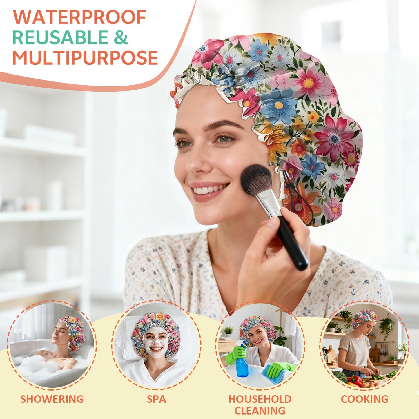 BHAHB Shower Cap Reusable Double Layer Adjustable Elastic Waterproof EVA Hair Bath Caps for Women Girls Cute Aesthetic-Flowers