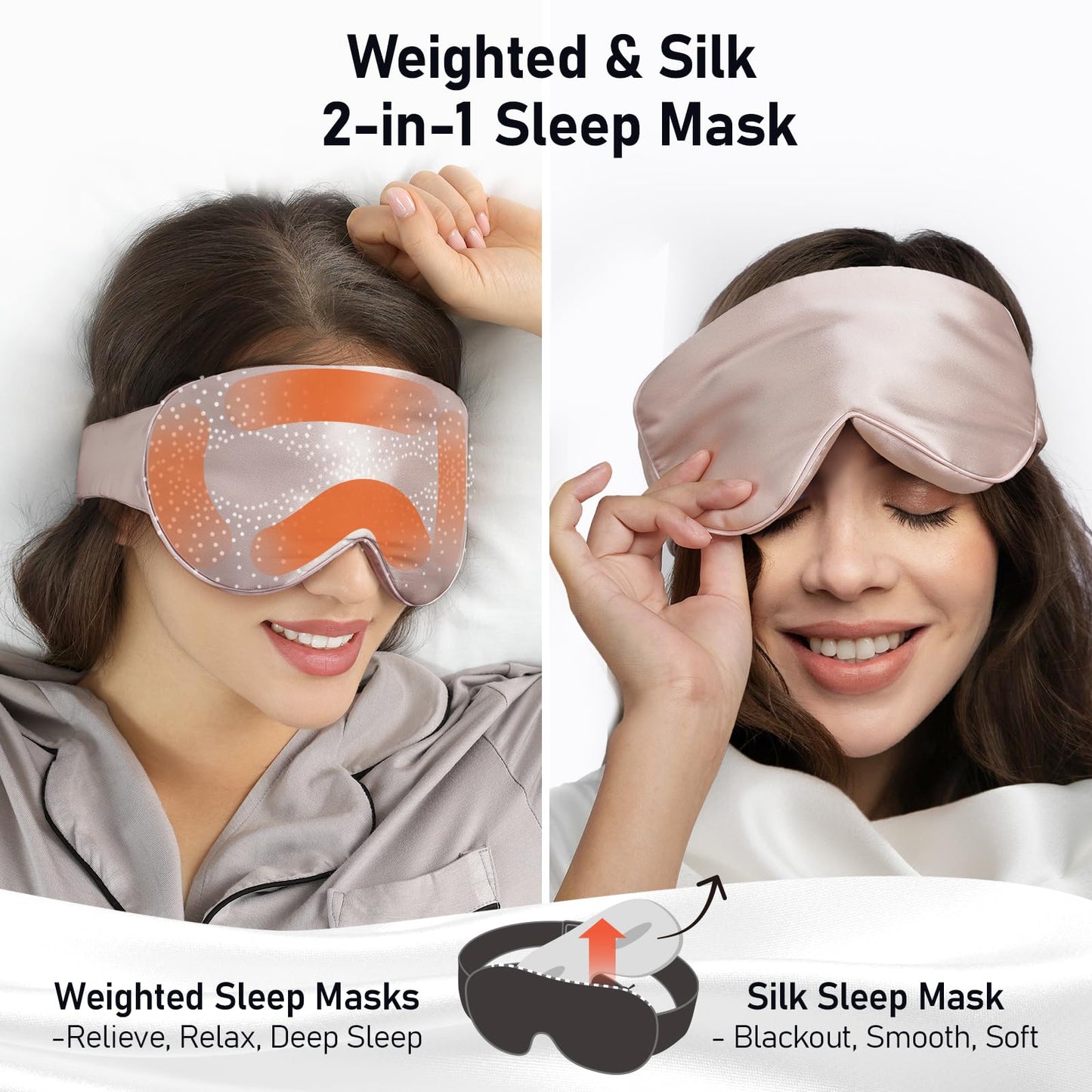 LitBear Weighted Silk Sleep Mask 4.9 oz (140g), Mulberry Silk Sleeping Mask with Detachable Insert, Women Men Pressure Relief Night Light Blocking Eye Mask with Adjustable Strap, for Relax Deep Sleep
