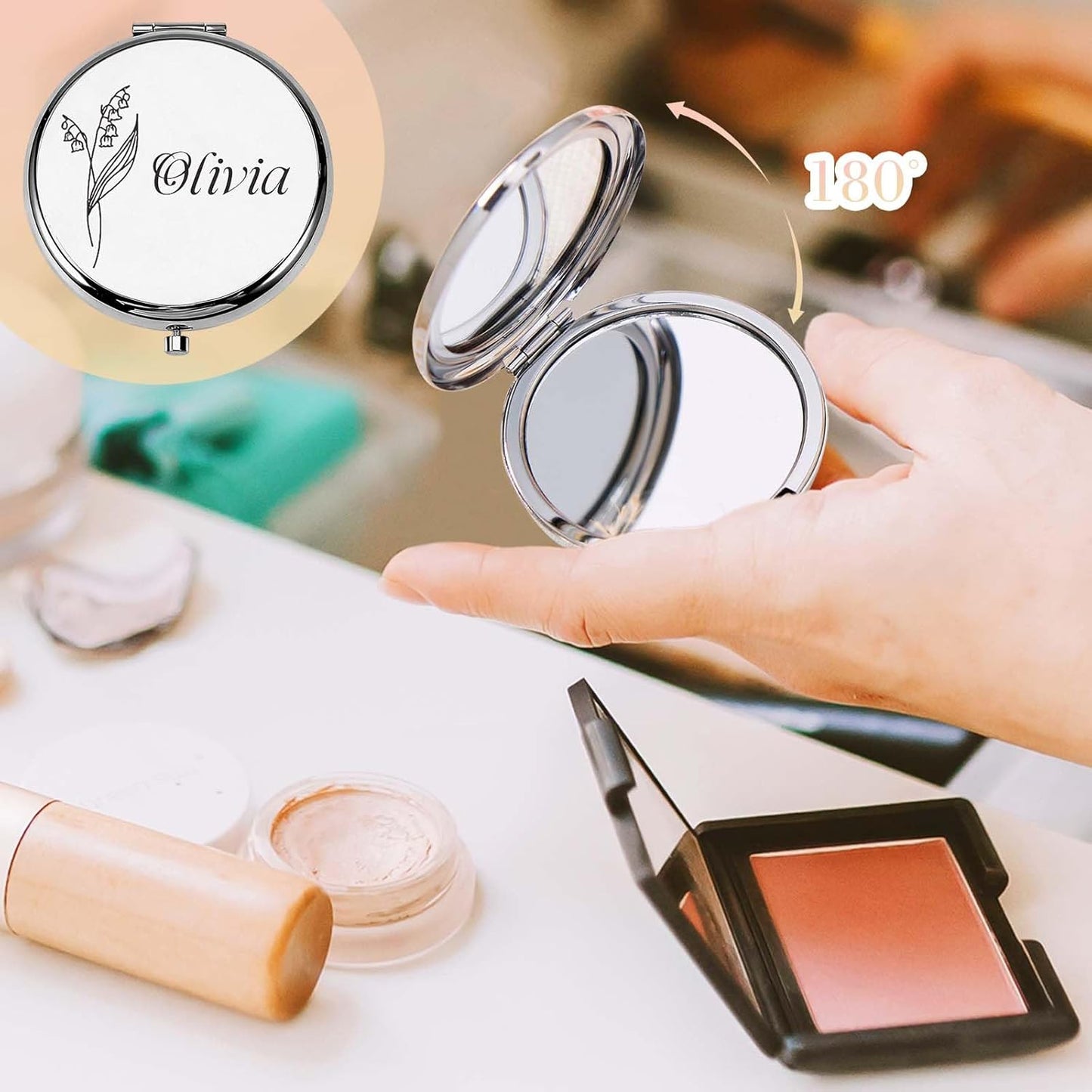 Skiennix Personalized Compact Mirror - Custom Birth Flower Design | Perfect Gift for Bridesmaids, Women, and Special Occasions