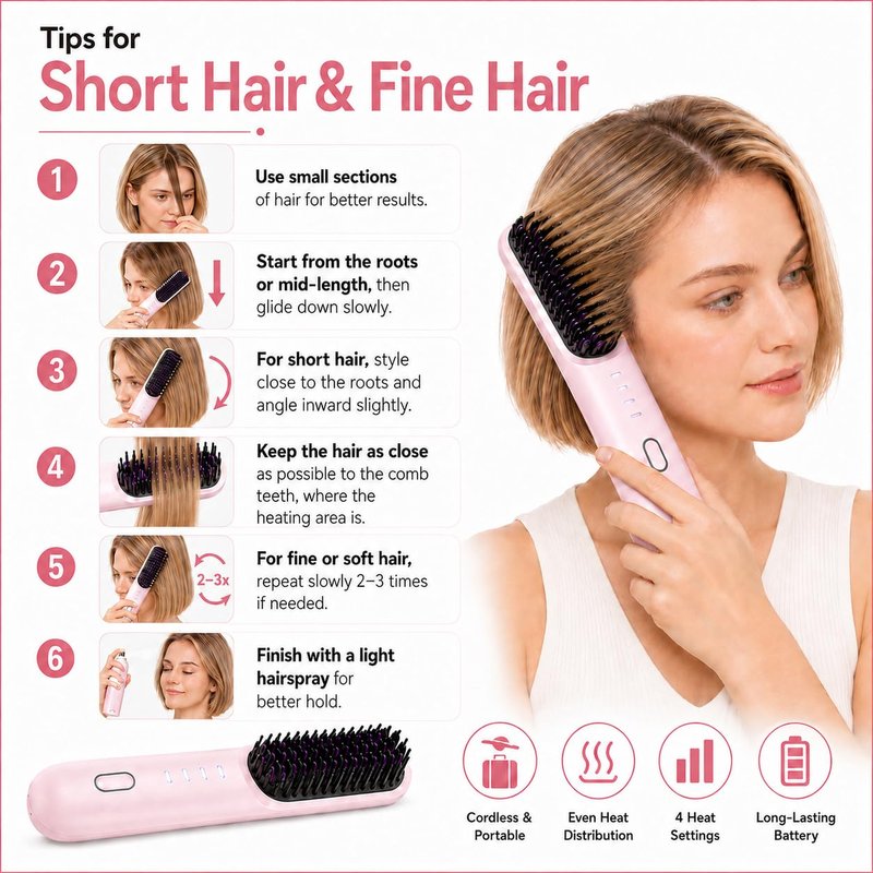 Go Brush Pro for Short Hair - 2026 Upgraded Cordless hair Straightening Brush, 4 Temperature Settings, Fast Heat, MCH Ceramic Care, 4000mAh Rechargeable Straightener for Frizz-Free Styling (pink)
