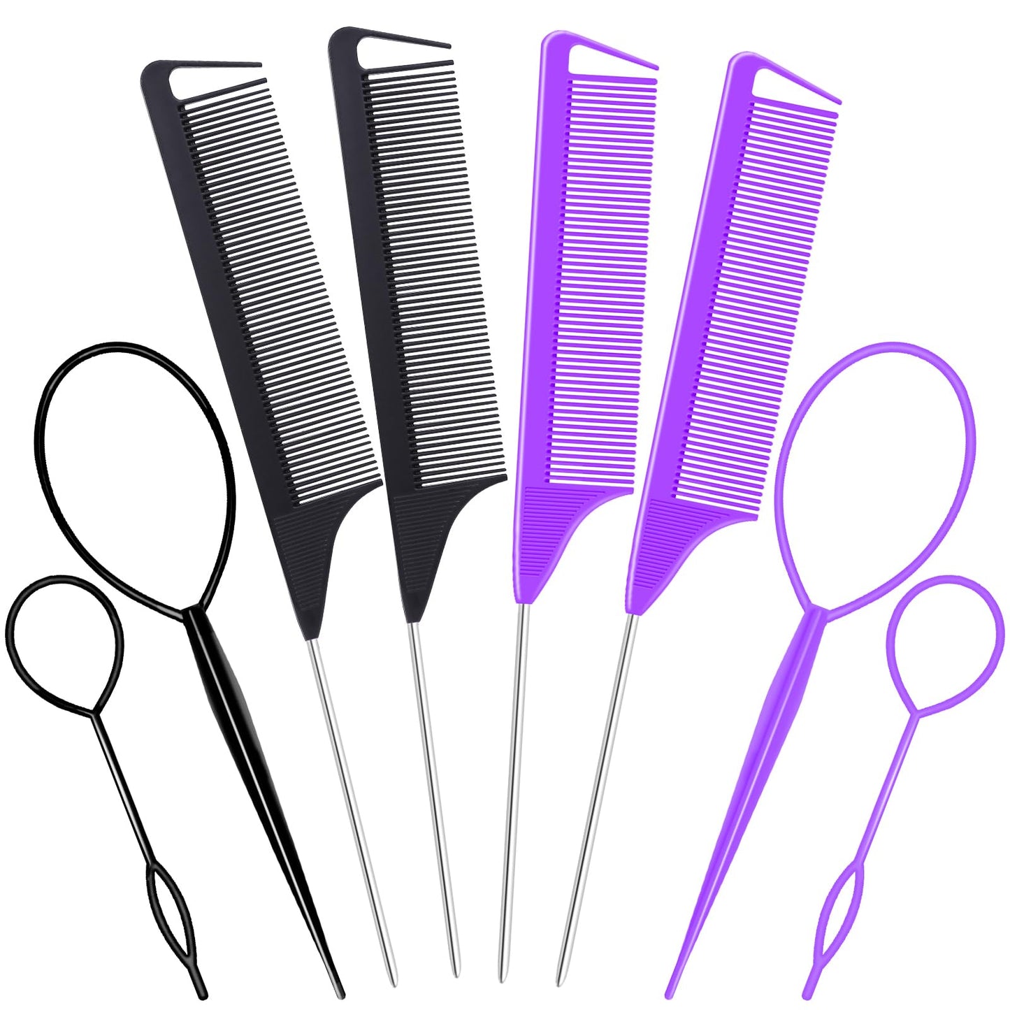 Topsy Tail Hair Styling Tools Set for Versatile Hairstyling - 4 Rat Combs, 4 Loop Turvy Tool