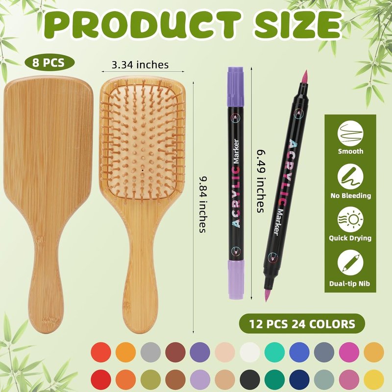 SAYAYA 8 PCS Bamboo Hair Brush Bulk for Massaging Scalp Natural Wooden Paddle Hairbrush with 12 Multicolor Pens Hair Brushes for Women Men Kids Detangling Curly Thick Wavy Hair DIY Gift for Crafts