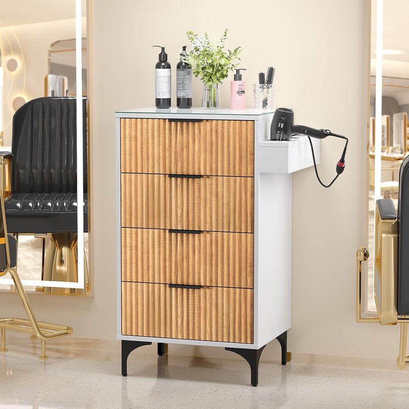 OmySalon Barber Station - Modern Retro Hair Stylist Storage Cabinet with Glass Top & Drawers | White