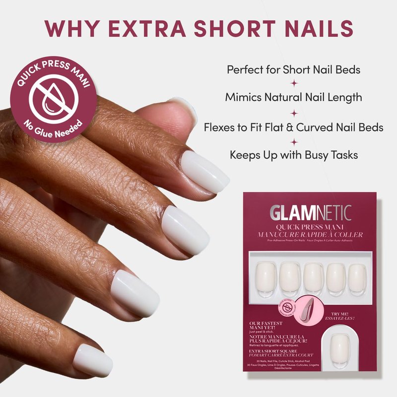 Glamnetic Quick Press Mani | No Glue Press-On Nails - Square Extra Short, Mess-Free, Salon Quality | 30 Nail Kit in 15 Sizes