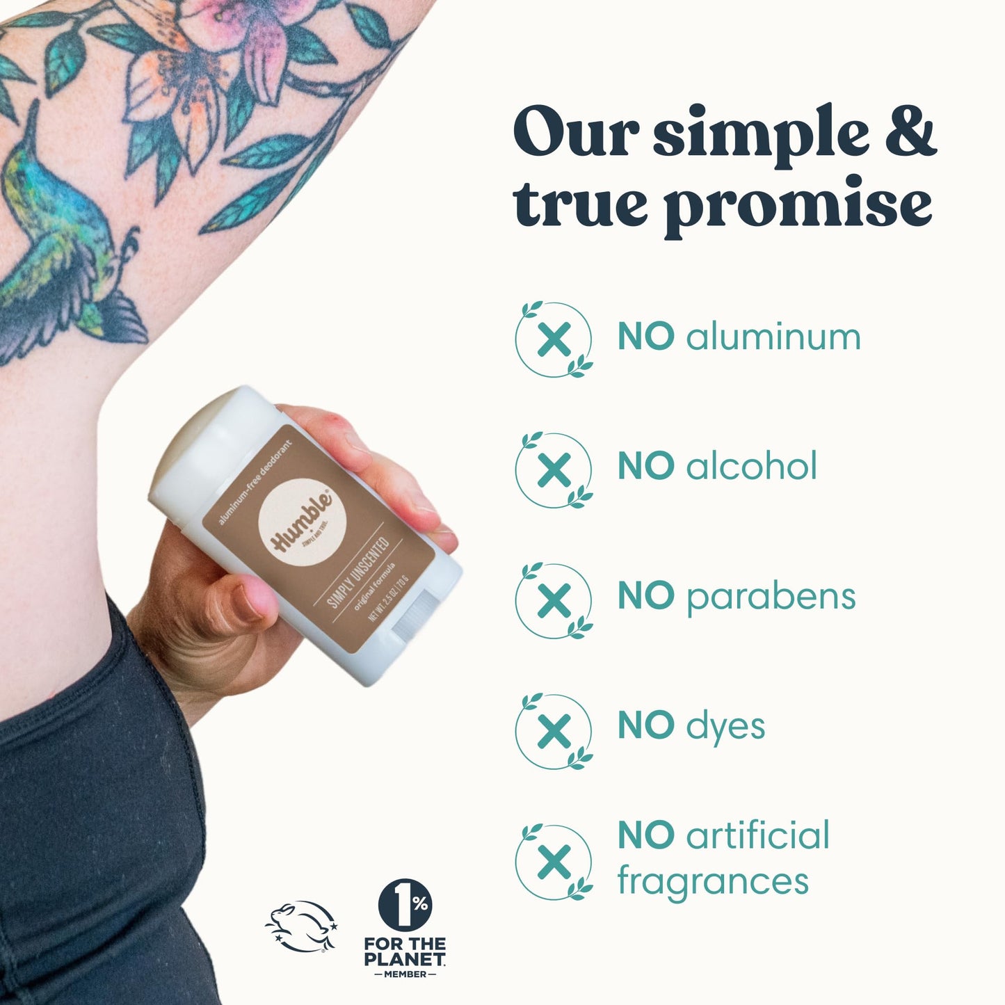 Humble Aluminum-Free Deodorant for Women & Men, Simply Unscented - Clean & Fresh Natural Deodorant Stick with Essential Oils for Long-Lasting Odor Control - 1 Pack