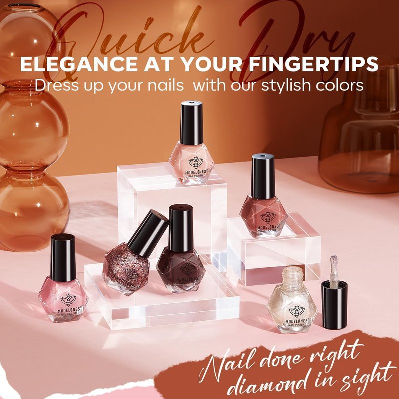 modelones Nail Polish Set 6 Colors, White Brown Nude Burgundy Pink Quick Dry Mini Nail Lacquer Kit, Glitter Shimmer Sparkle Red Nail Art, DIY Home Salon Manicure Gift for Women Girl