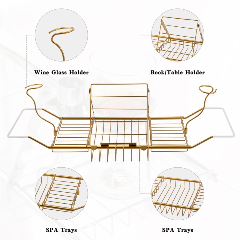 BDL Bathtub Caddy Expandable Bath Tub Tray Table with Wine Holder, Free Soap Dish and Laptop Reading Rack, Bathtub Tray for Home（Bronze）