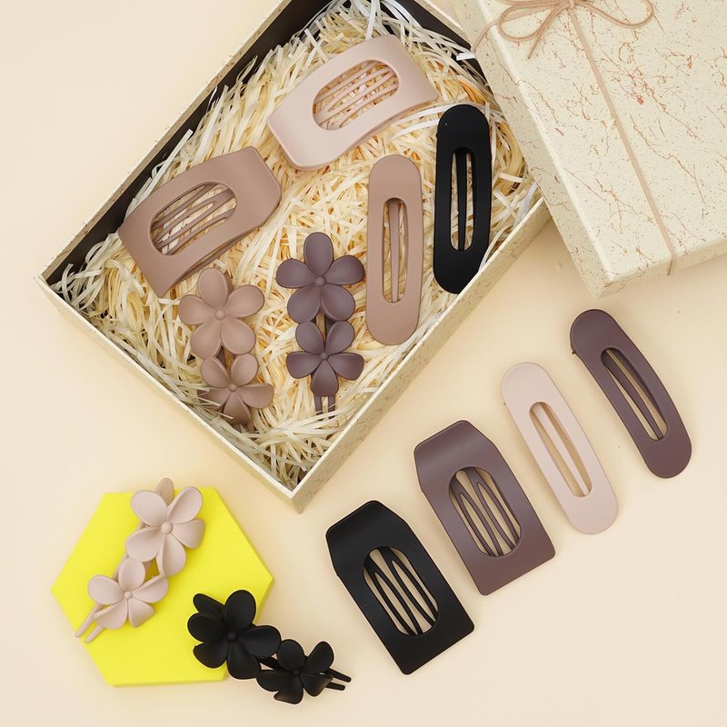 Flat Hair Clips for Women - 12 Pack Matte Neutral Square Claw Clips | Soft Touch Barrettes & Flower Pins in Black, Blonde, Brown