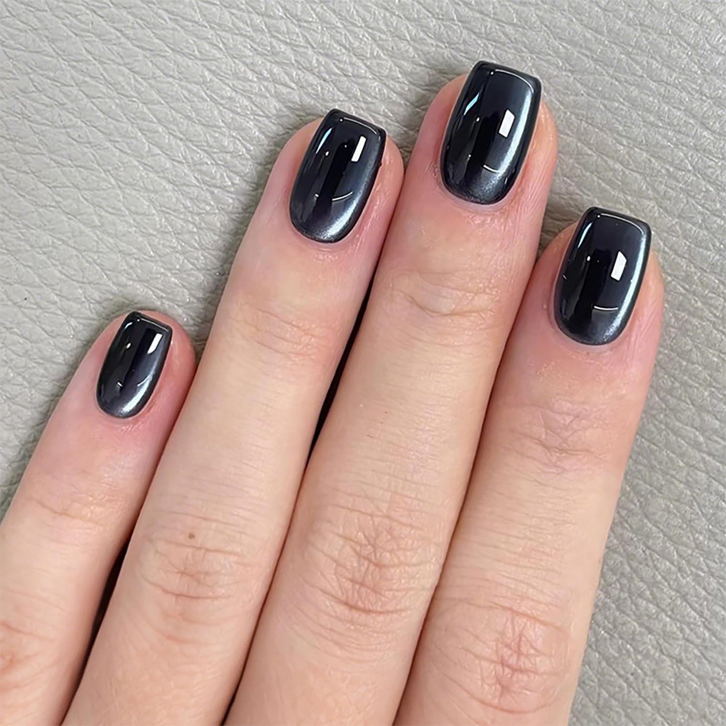Skiennix Short Square Press On Nails - Black Glitter Glossy Full Cover | Reusable Artificial Nails for Women