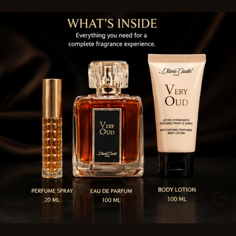 Diane Castel Very Oud Gift Set - Woody Amber Fragrance & Body Lotion for Women - 3 Pc Set