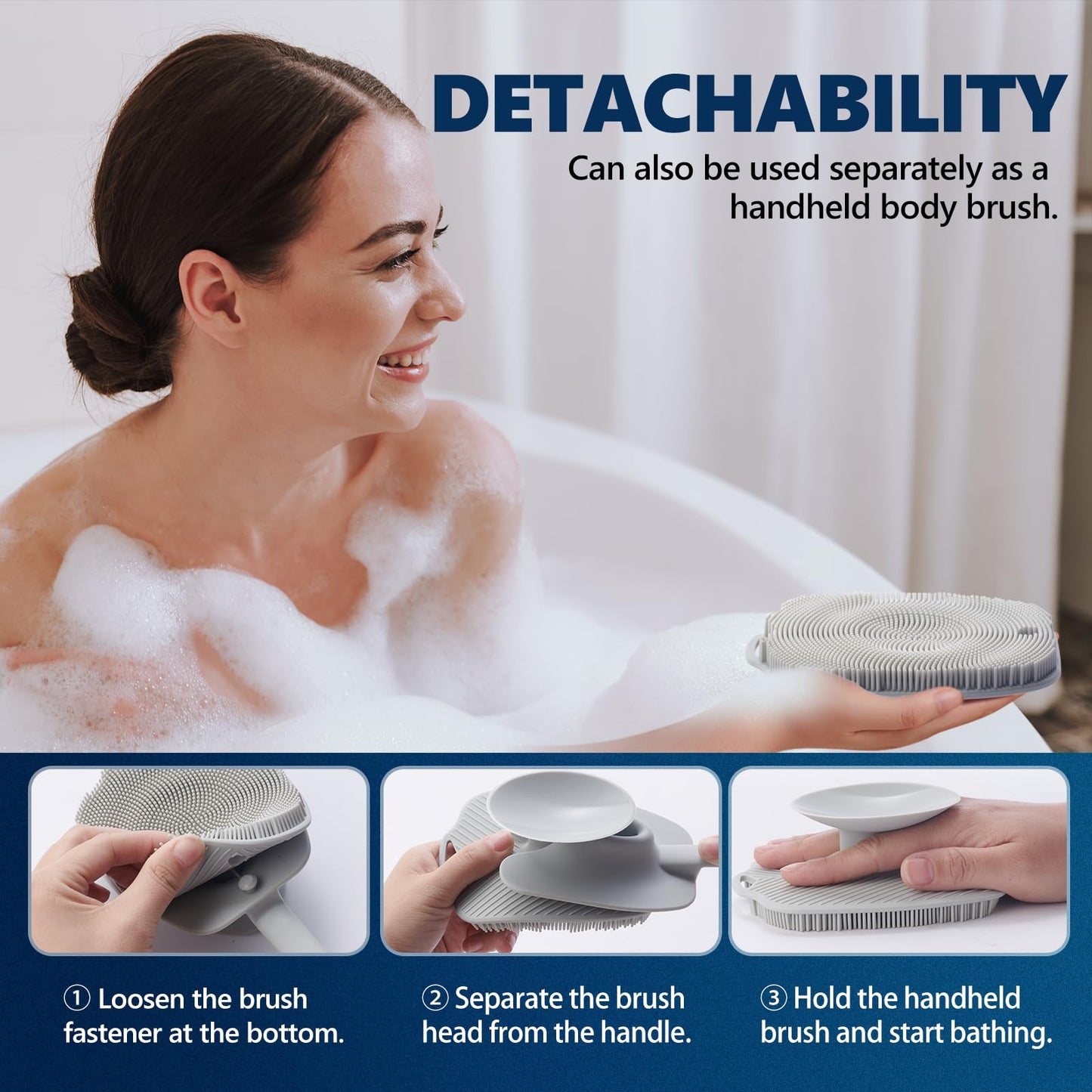 ARIOSOX Silicone Back Scrubber for Shower, Detachable Long Handle Body Scrub Brush, Shower Brush for Shower Exfoliating and Message, Dual Purpose Overall Cleaning - Grey