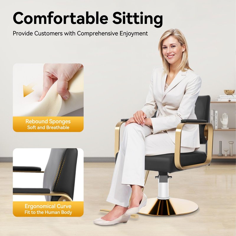 FUODIHEE Salon Chair, 360 Degree Swivel, Hydraulic Adjustable Hairdressing Chair, 440lbs Multi-Function Barber Chair w/Footrest &PU Cushion for Salon, Barber Shop and Beauty Salon (Gold+Black)