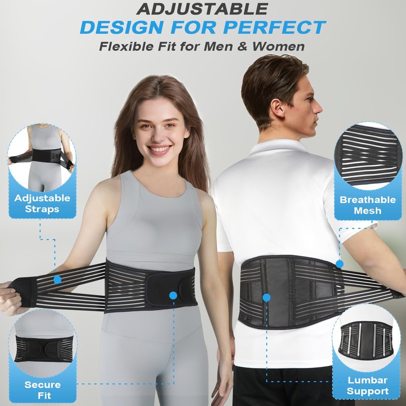 Back Brace for Lower Back Pain Relief, Lumbar Support Belt for Men&Women for Work, Breathable Back Support Belt with 6 Flexible Spring, 2 Elastic Bands For Sciatica, Herniated Disc, Scoliosis (Large)
