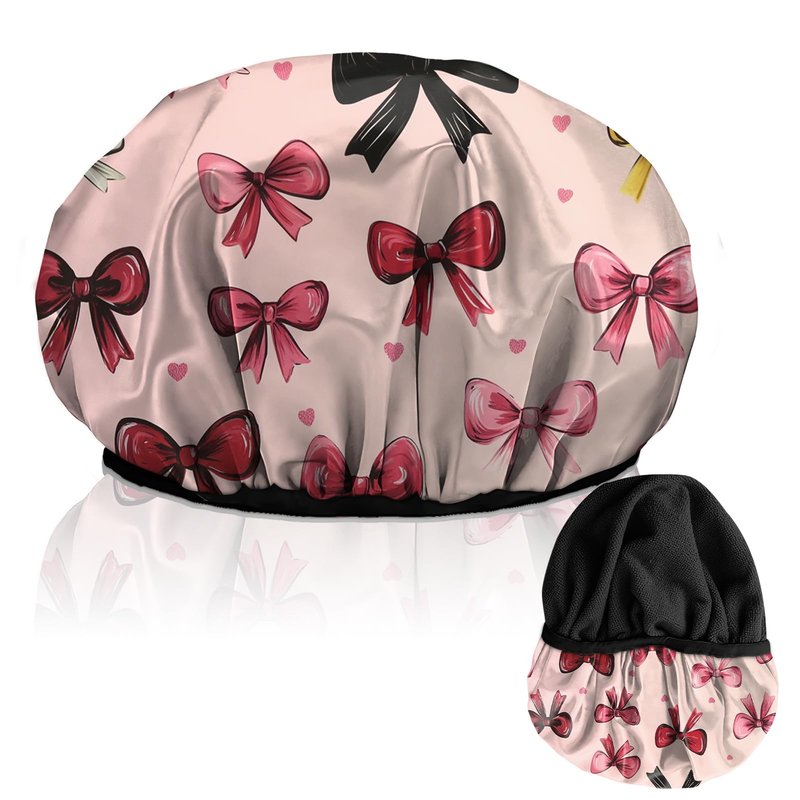 Cabreche Luxury Shower Cap Terry Lined Reusable Triple Layer Waterproof Hair Elastic Caps Shower Bath Hat for Women Girls Cute Aesthetic-Pink Bowknot