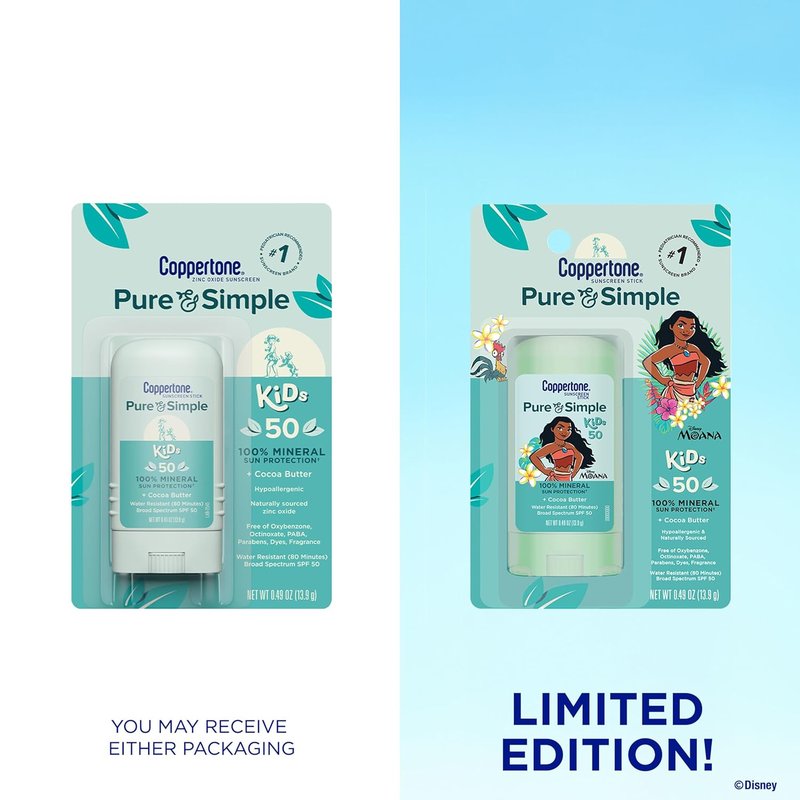 Coppertone Pure & Simple Kids Sunscreen Stick SPF 50 | Hypoallergenic, Mineral, Water-Resistant, 0.49 Oz