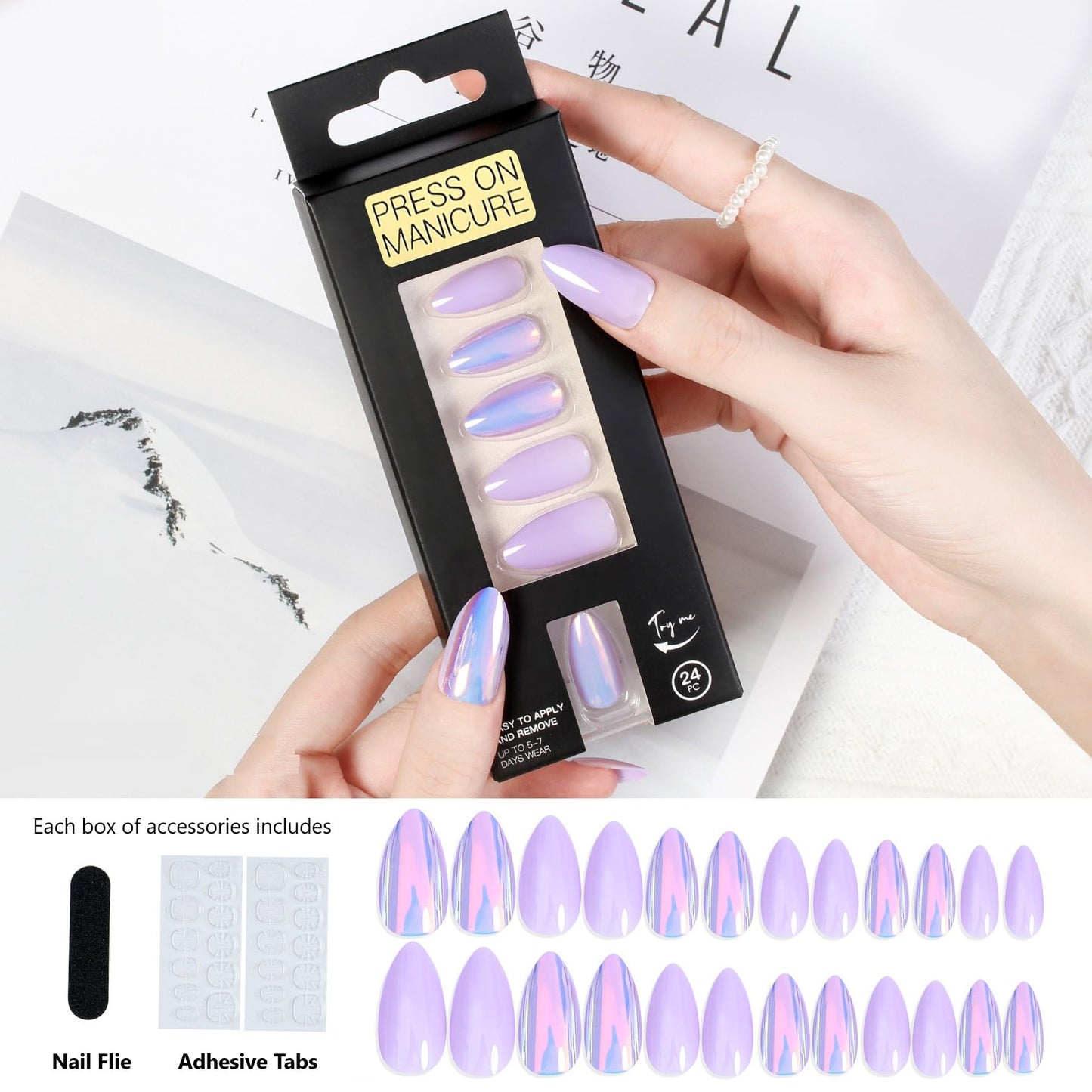Withered Hnad Press On Nails - Semi-Transparent Glitter Short Almond False Nails, Reusable Stick On Fake Nails with Glue | Salon Quality - 24 Nails Kit