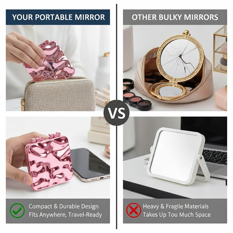 Irregular Shape Compact Mirror, Double-Sided Portable Folding Makeup Mirror with Electroplated Finish, Pocket-Sized Handheld Vanity Mirror for Travel and Quick Touch Ups, Pink