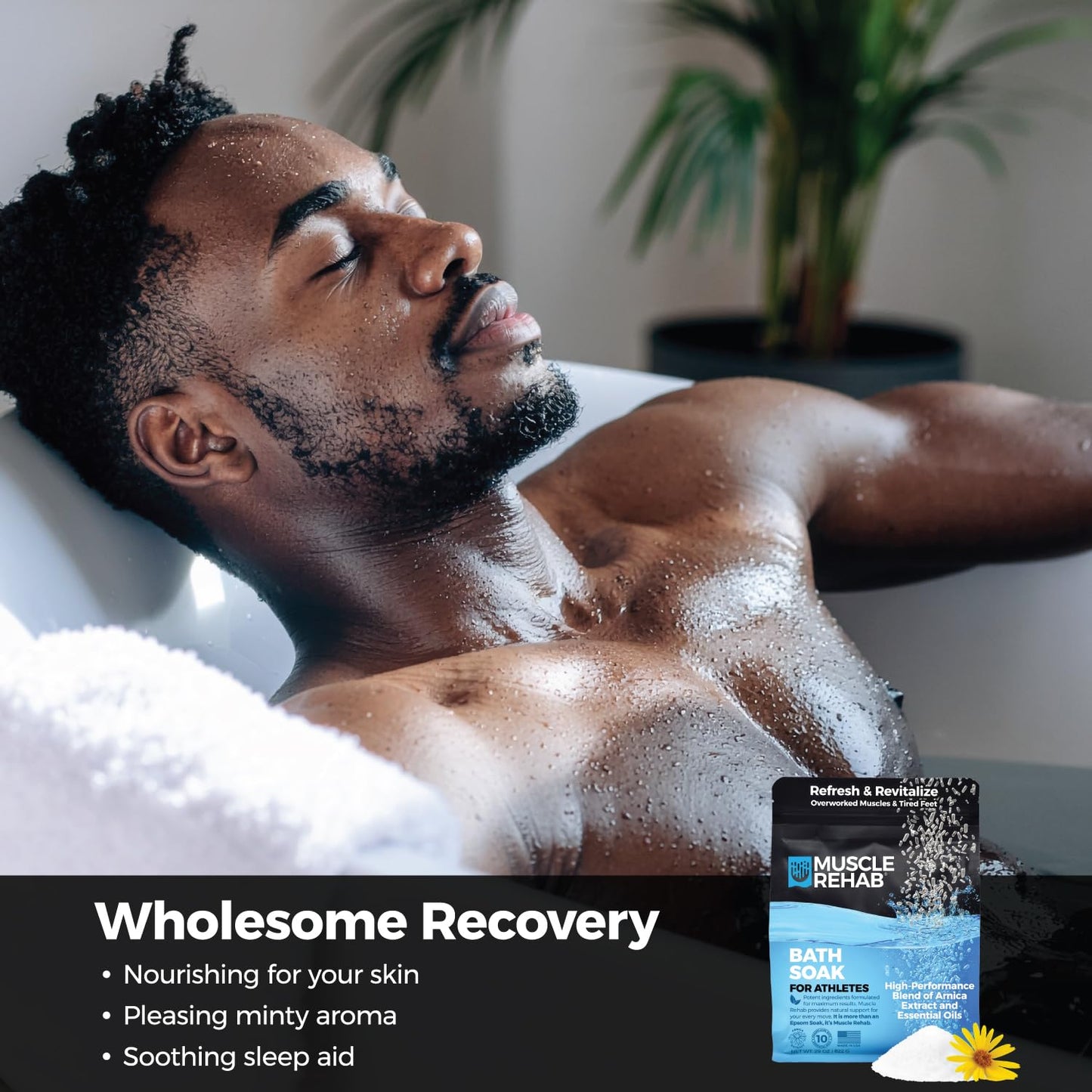 Muscle Rehab Epsom Salt Bath Soak 29 oz with Arnica - Fast-Dissolving Bath Salts for Muscle Relief and Recovery - Cooling Formula - Made in USA