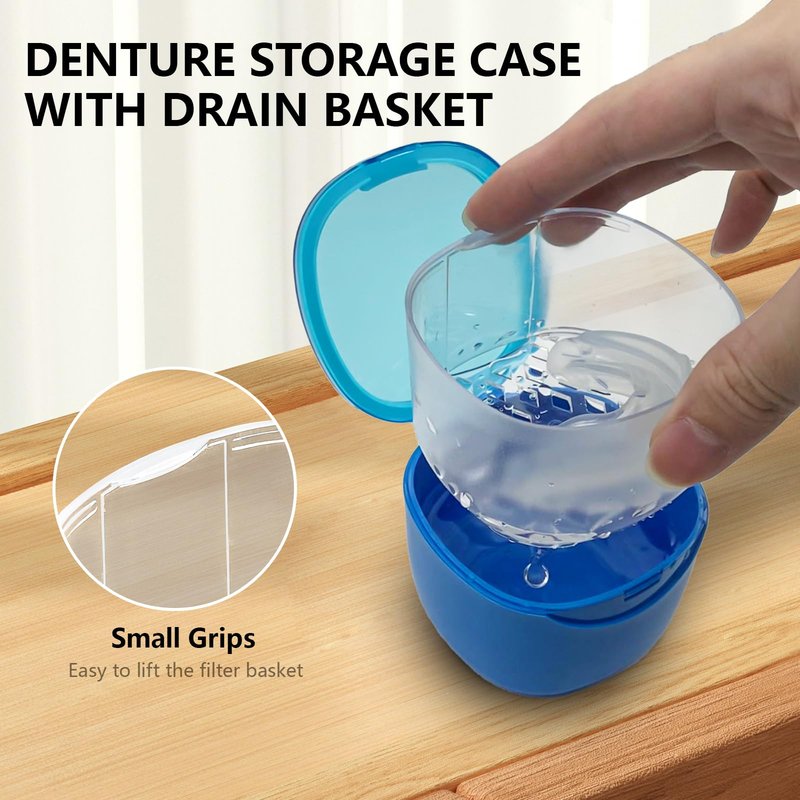 EZEELAI Denture Cleaning Case Dental Retainer Container Soaking Cup with Brush, Denture Storage Bath Box Case Cup Mouthguard Storage Holder Travel - Leak Proof with Lid Waterproof - Blue