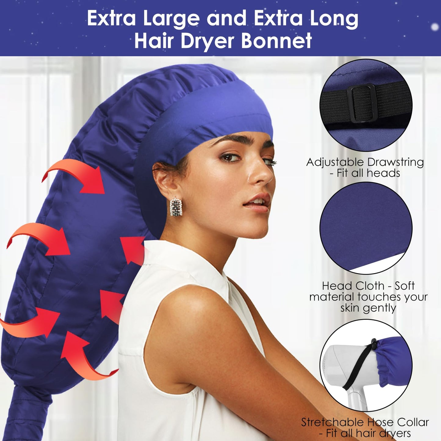 TEPENAR Hair Dryer Bonnet Attachment: Upgraded Extra Large Hooded Dryer Adjustable Hair Dryer Caps - Easy to Use for Natural Curly Textured Hair Care Styling Fast Drying - Dark Blue