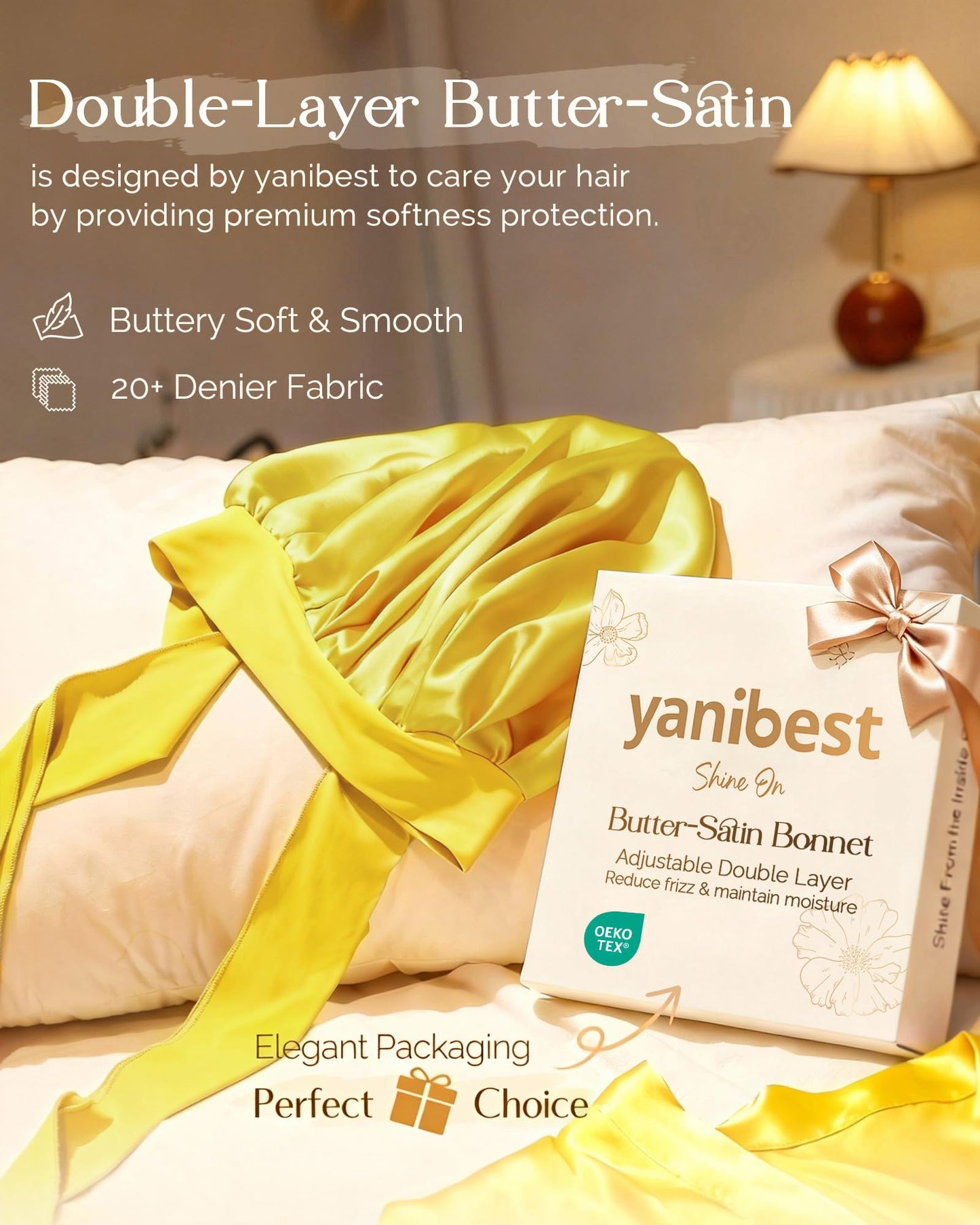 YANIBEST Adjustable Satin Bonnet for Sleeping Women Double Layer Hair Wrap Reduce Friction Prevent Frizz Natural Curly Hair, Yellow