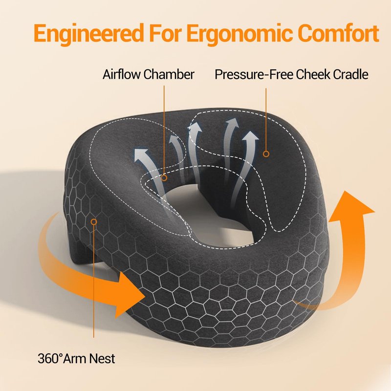 Face Down Pillow Massage Headrest for Bed, massage pillow on massage table, Piercing Pillows, Sleeping Pillow, Face Cradle After Eye Surgery, memory Removable Cover with Breathable Design, Dark Grey