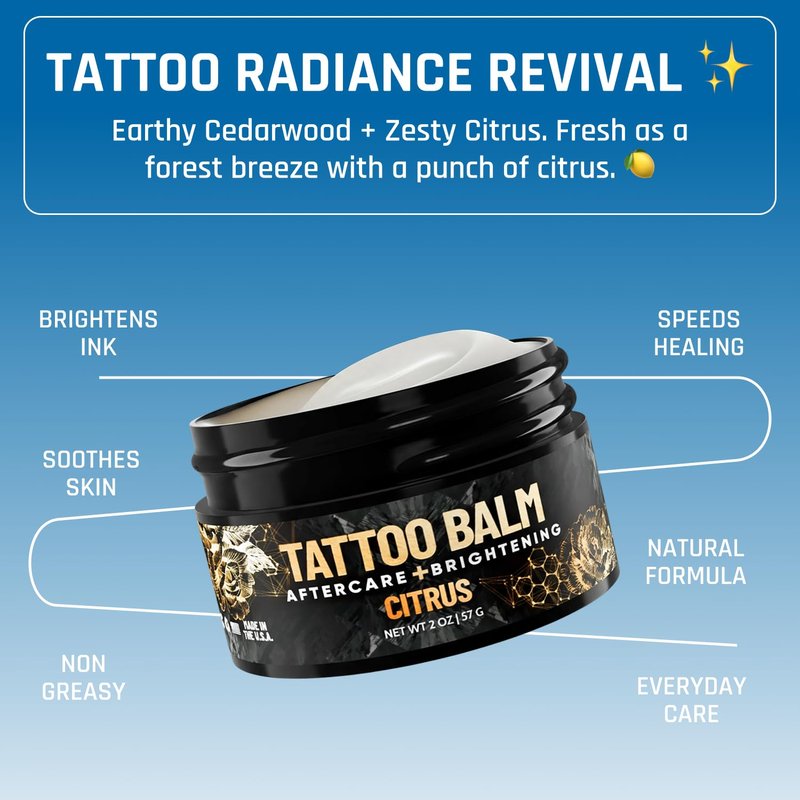 Derm Dude Tattoo Aftercare Brightening Balm | Moisturizing Balm to Heal Protect & Rejuvenate New & Existing Tattoos | Non-Greasy Formula with Dragon's Blood, Shea Butter & St John's Wort, Citrus 2oz