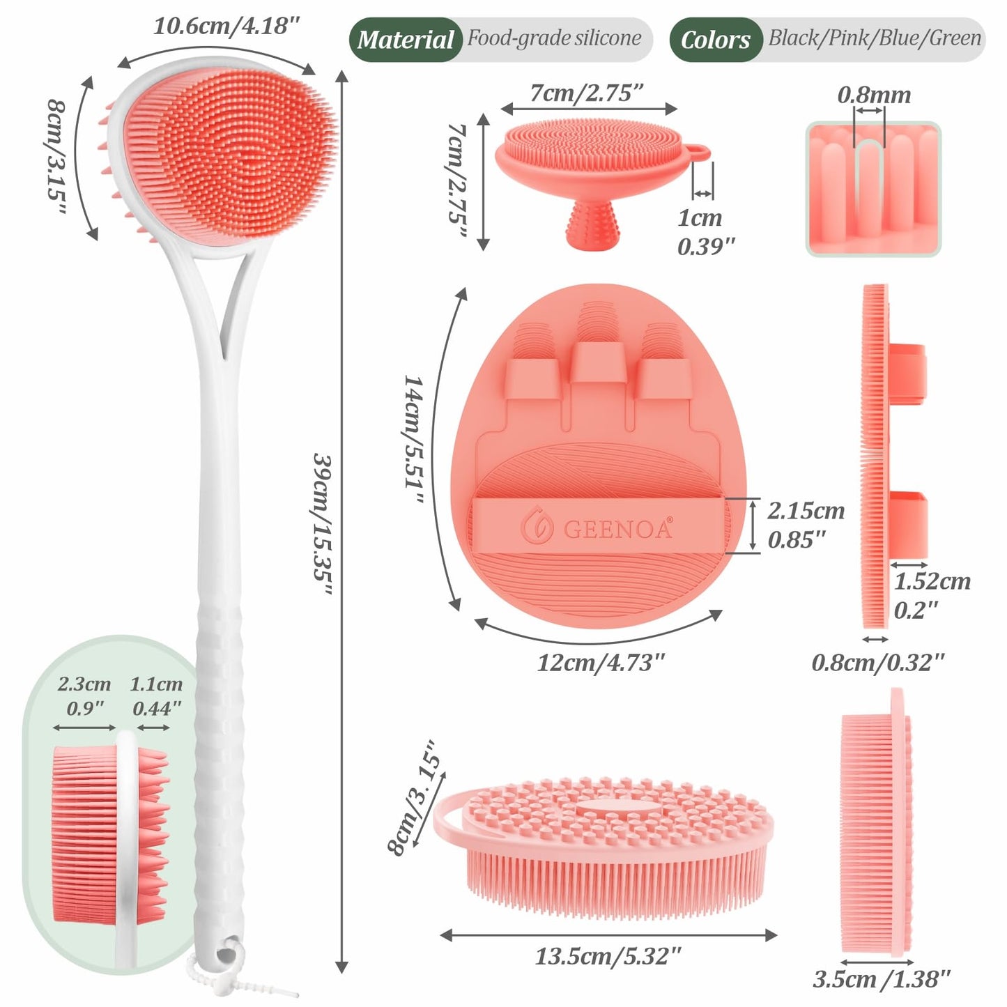 GEENOA Silicone Back Body Face Scrubbers Set 4PCS, 15.35’’ Back Scrubber Soft Body Scrubber for Dual-Side Usage, Easy-to-Hold Soft Bath Glove & Face Scrubber for Good Foaming Deep Cleaning(Pink)