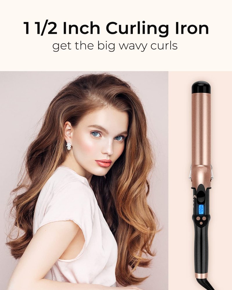 1 1/2 inch Extra Long Barrel Curling Iron, 1.5 Inch Large Barrel for Long Hair Ceramic Tourmaline